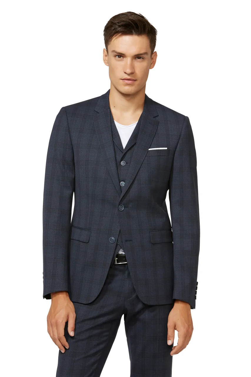 Abito moda slim fit digel blu a quadri con panciotto