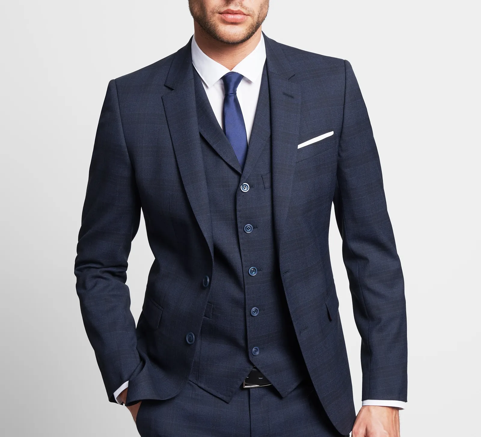 Abito moda slim fit digel blu a quadri con panciotto