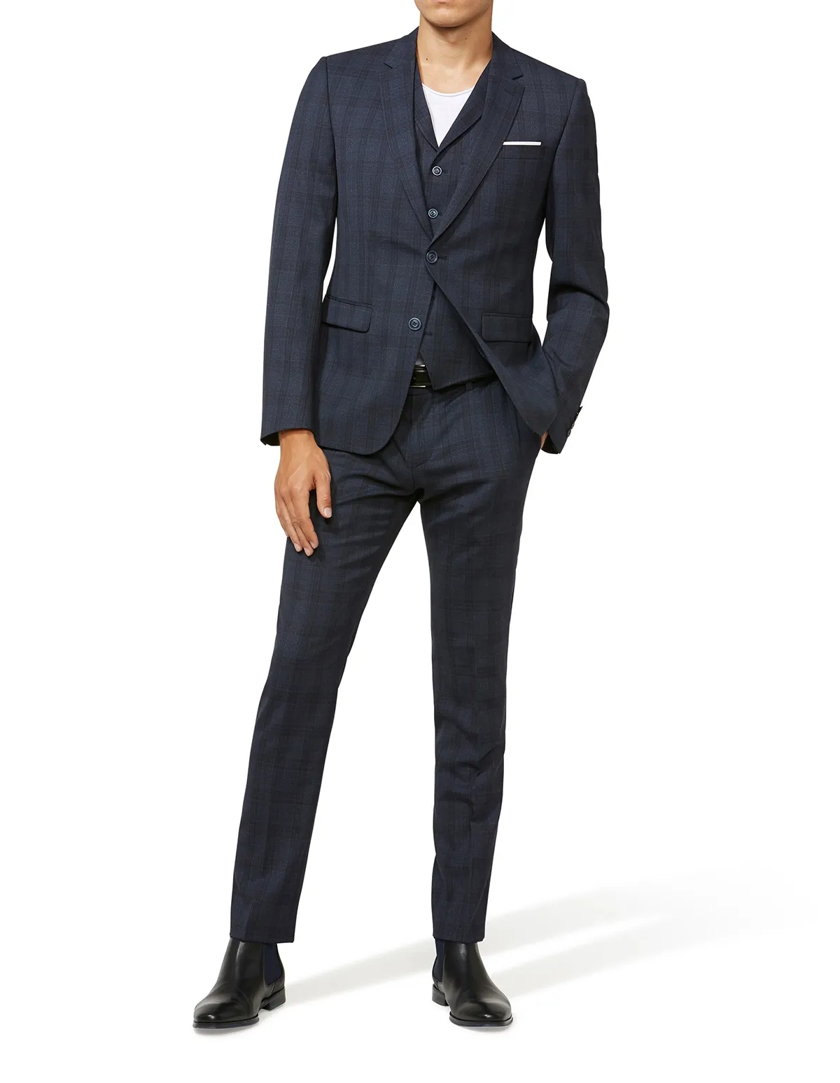 Abito moda slim fit digel blu a quadri con panciotto