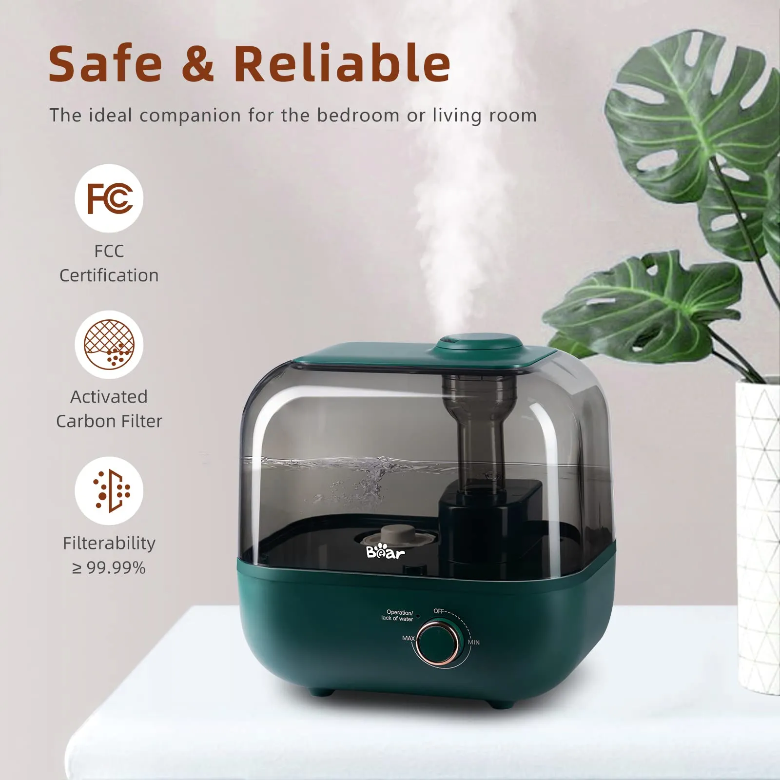 BEAR Umidificatore 5L a Riempimento Dall'alto, 28dB Ultra Silenzioso, Adatto a Bambini e Piante, 35 Ore Di Funzionamento, con Va