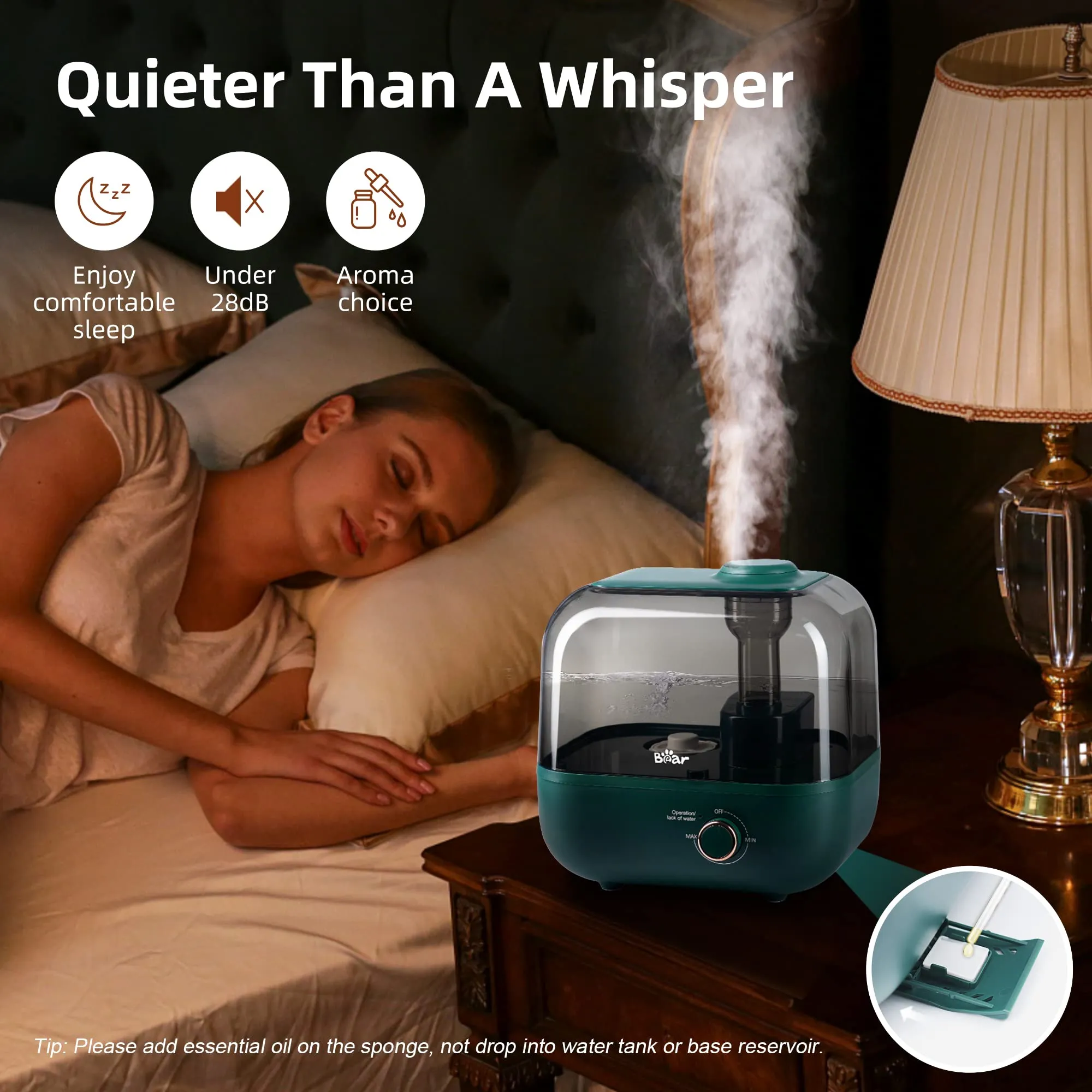 BEAR Umidificatore 5L a Riempimento Dall'alto, 28dB Ultra Silenzioso, Adatto a Bambini e Piante, 35 Ore Di Funzionamento, con Va