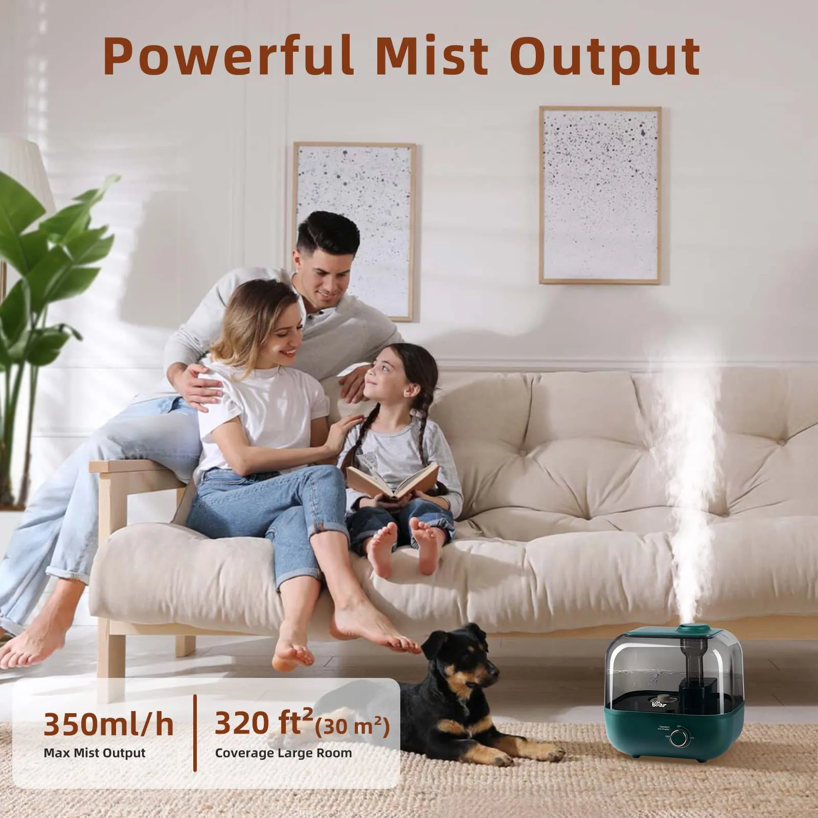 BEAR Umidificatore 5L a Riempimento Dall'alto, 28dB Ultra Silenzioso, Adatto a Bambini e Piante, 35 Ore Di Funzionamento, con Va