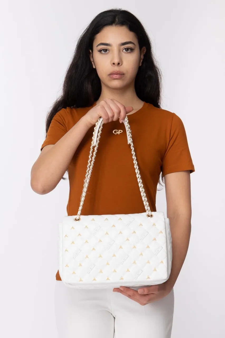 Borsa a tracolla con logo e borchie Bianco
