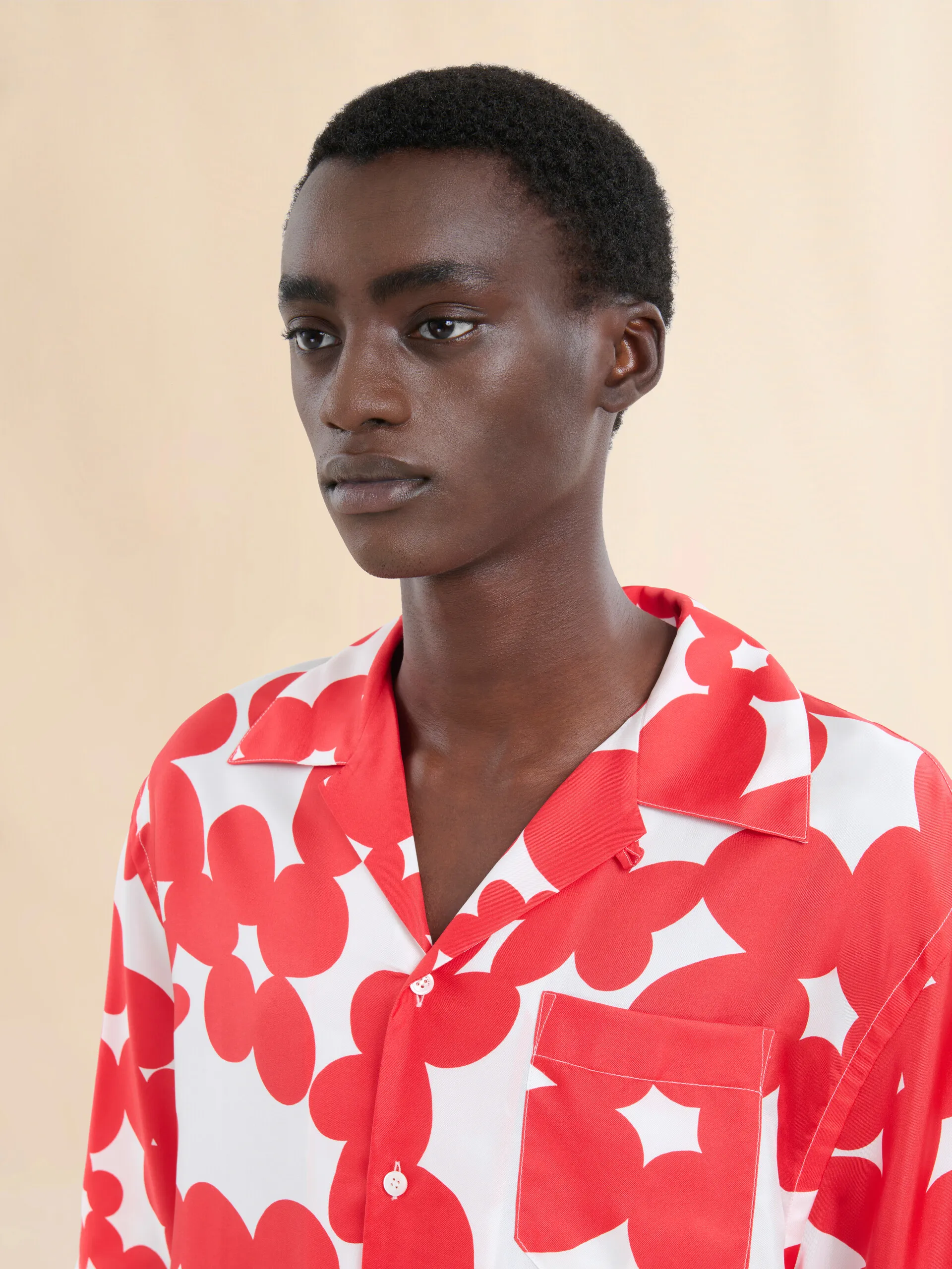 Camicia in seta con stampa Dillies bianca e rossa