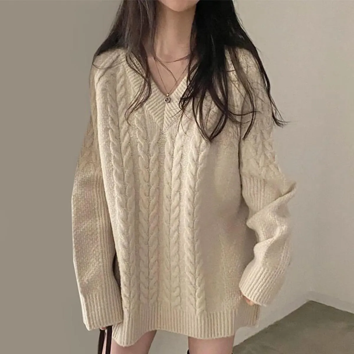 Chic autunno e inverno scollo a V casual sciolto manica lunga cucito modello di canapa lavorato a maglia maglione maglione abito