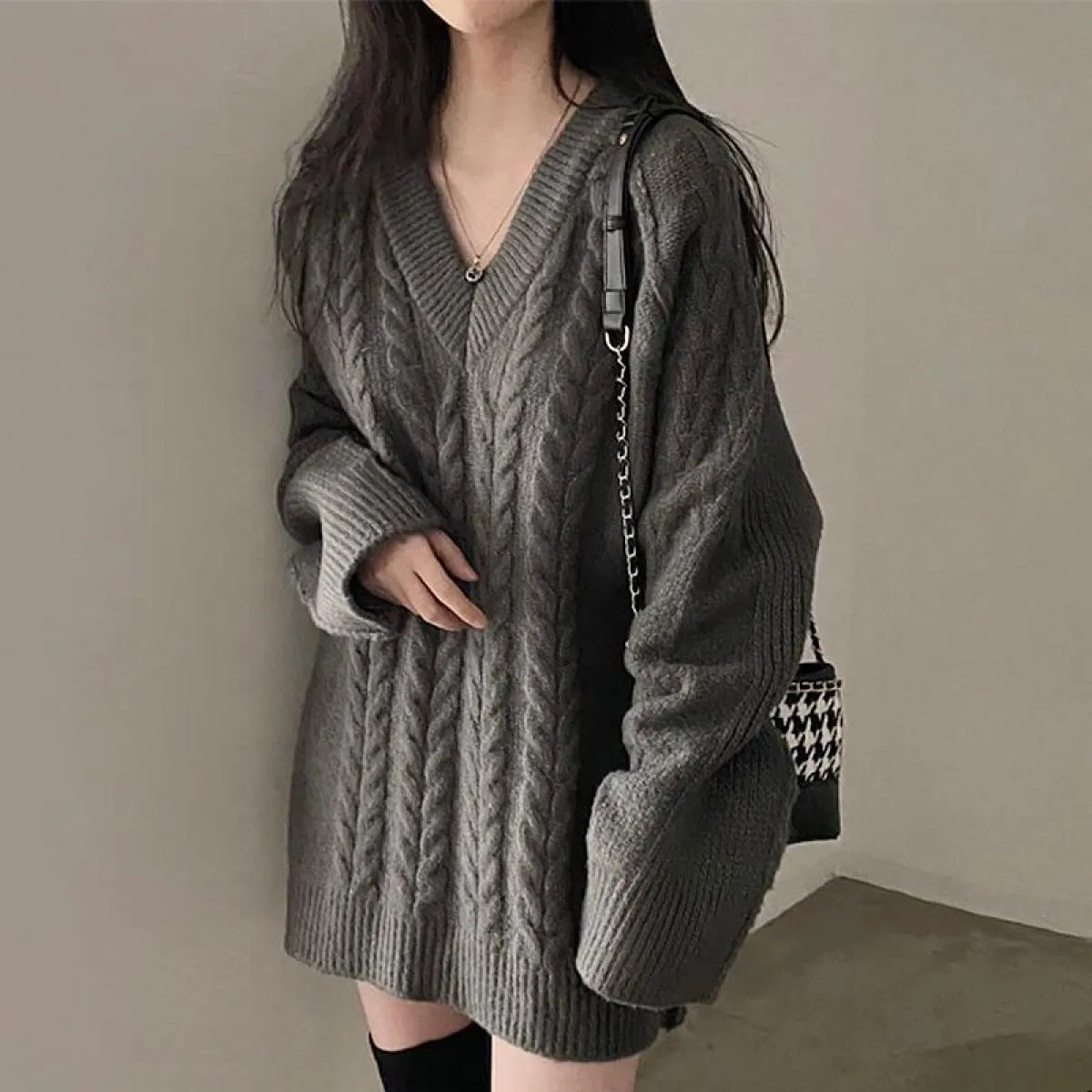 Chic autunno e inverno scollo a V casual sciolto manica lunga cucito modello di canapa lavorato a maglia maglione maglione abito