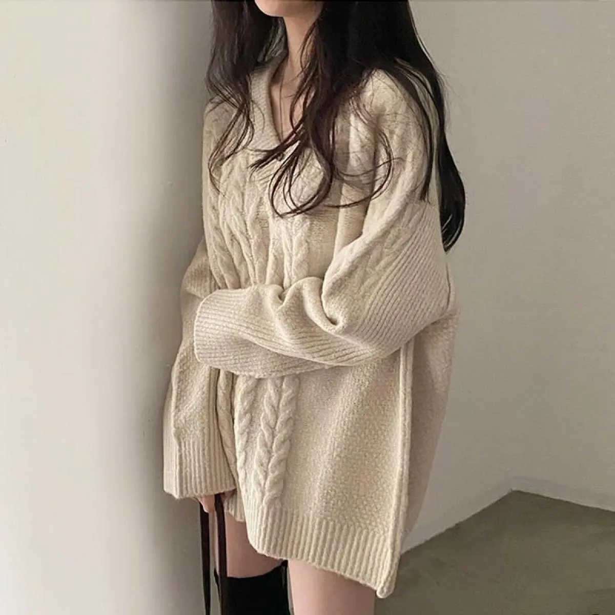 Chic autunno e inverno scollo a V casual sciolto manica lunga cucito modello di canapa lavorato a maglia maglione maglione abito