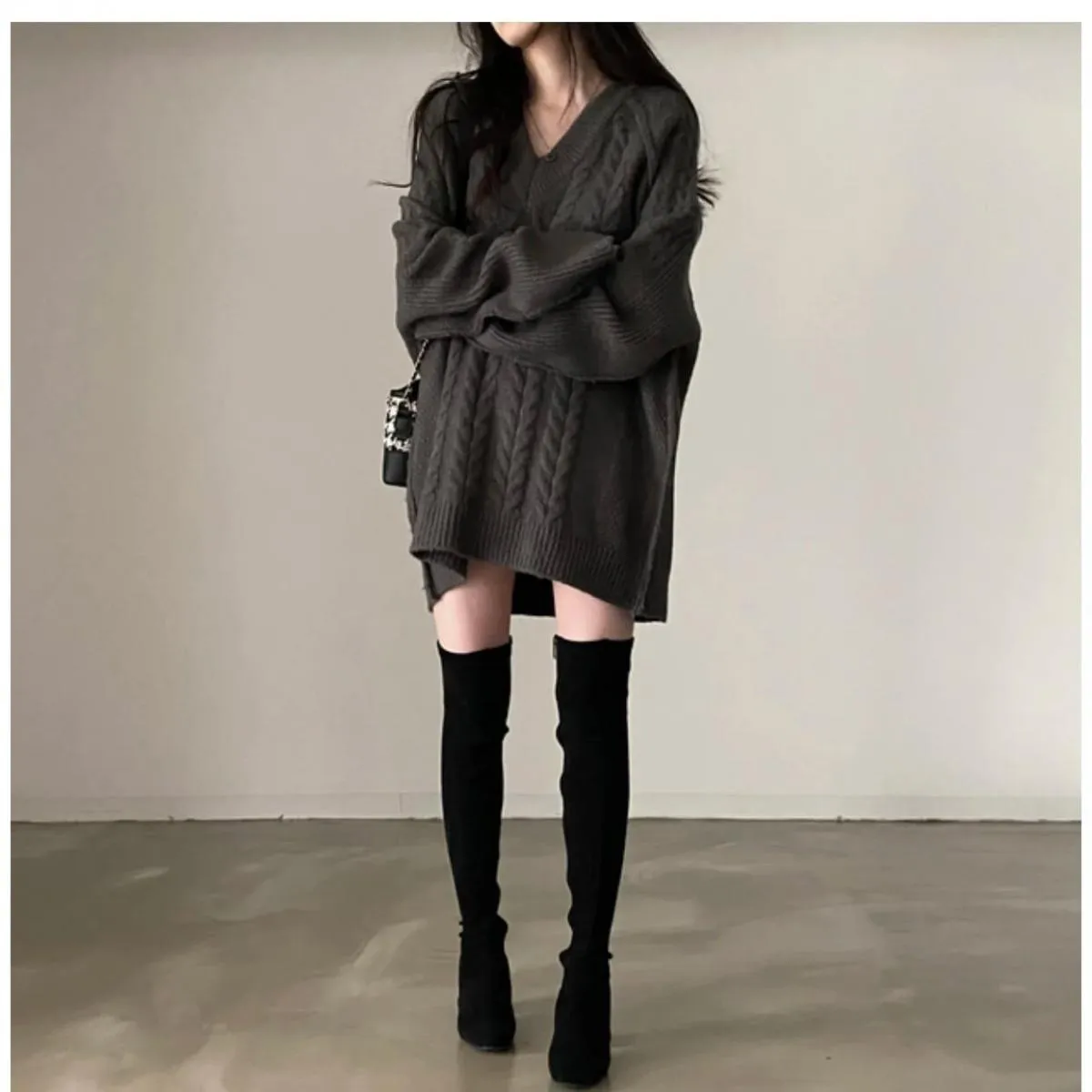 Chic autunno e inverno scollo a V casual sciolto manica lunga cucito modello di canapa lavorato a maglia maglione maglione abito