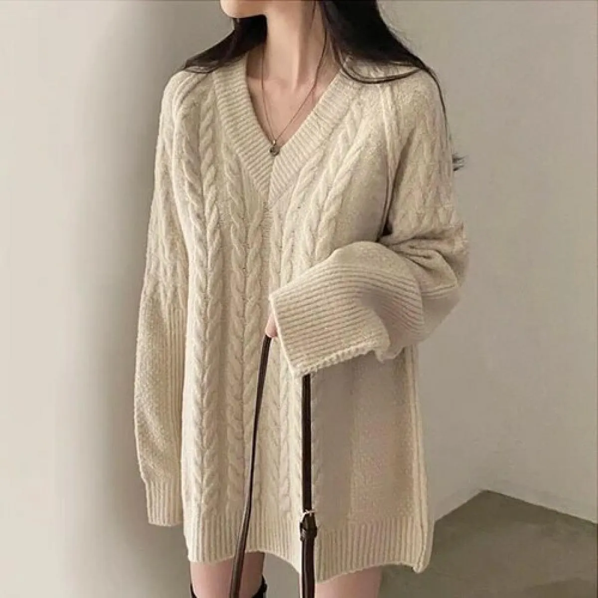 Chic autunno e inverno scollo a V casual sciolto manica lunga cucito modello di canapa lavorato a maglia maglione maglione abito