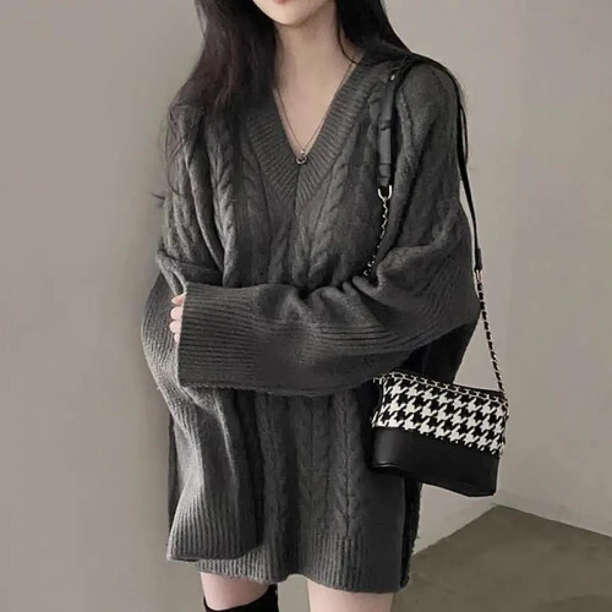 Chic autunno e inverno scollo a V casual sciolto manica lunga cucito modello di canapa lavorato a maglia maglione maglione abito