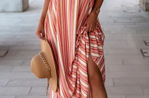 Elegante maxi abito con stampa a righe, multicolor