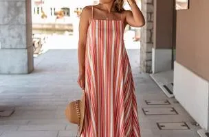 Elegante maxi abito con stampa a righe, multicolor