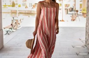 Elegante maxi abito con stampa a righe, multicolor