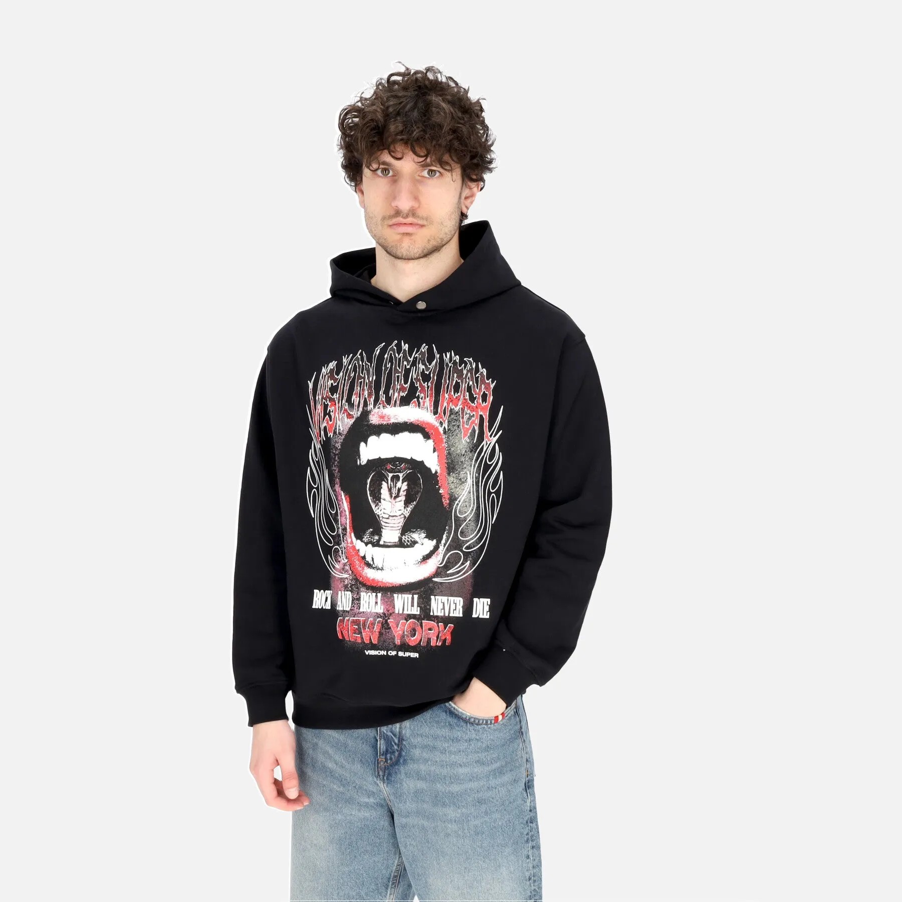 Felpa Leggera Cappuccio Uomo Cobra Mouth Print Hoodie Black