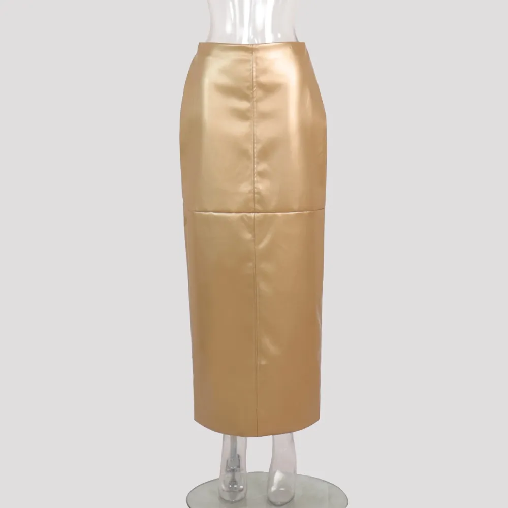 Gonna in pelle PU e gonna da donna con rivestimento sui fianchi in pelle lucida metallizzata con cuciture a fessura primaverile