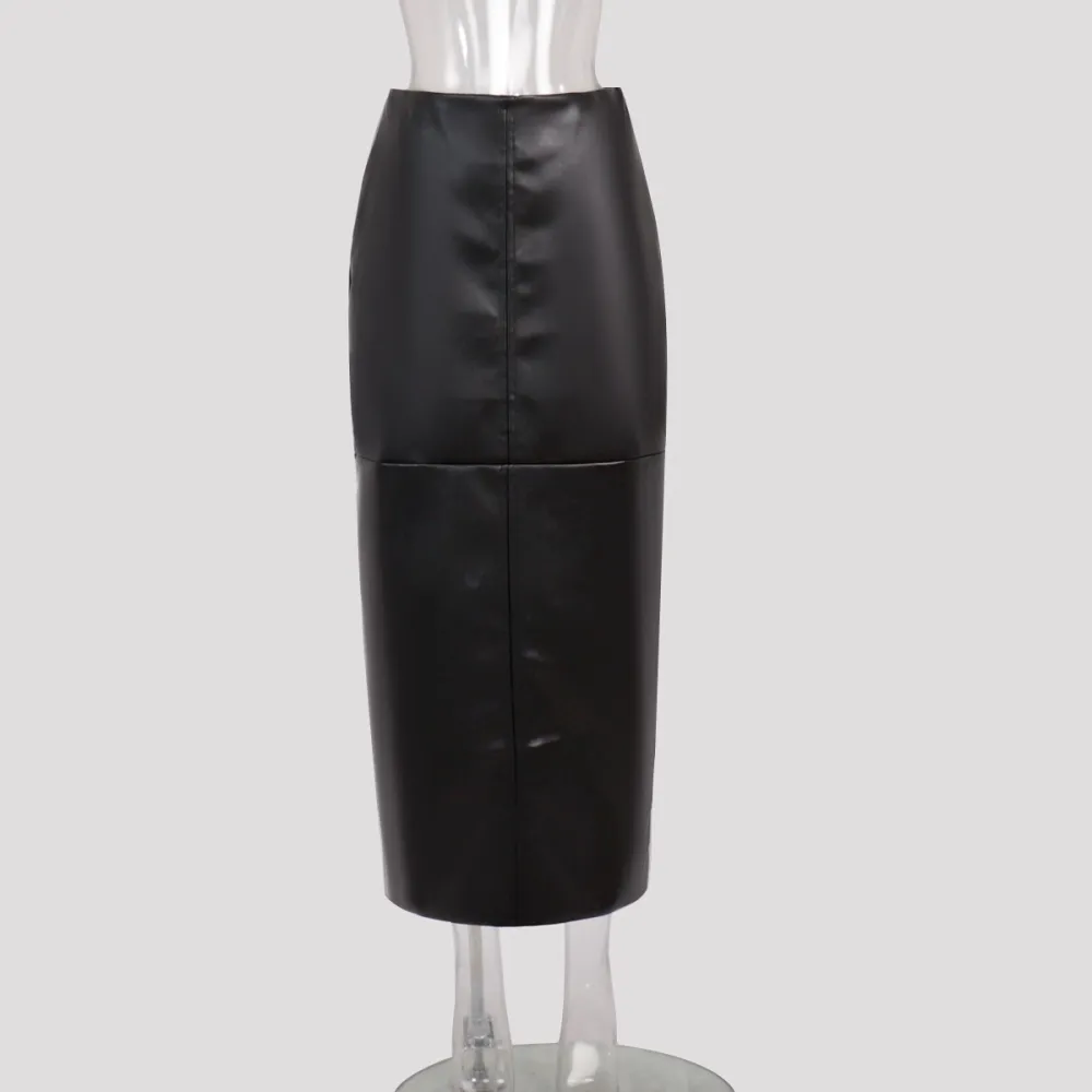 Gonna in pelle PU e gonna da donna con rivestimento sui fianchi in pelle lucida metallizzata con cuciture a fessura primaverile
