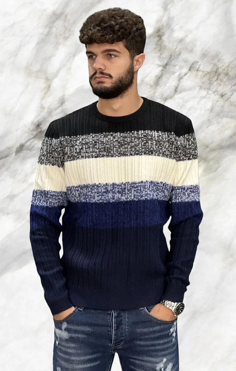 INMYHOOD Maglione Girocollo a Righe - Nero Blu e Bianco