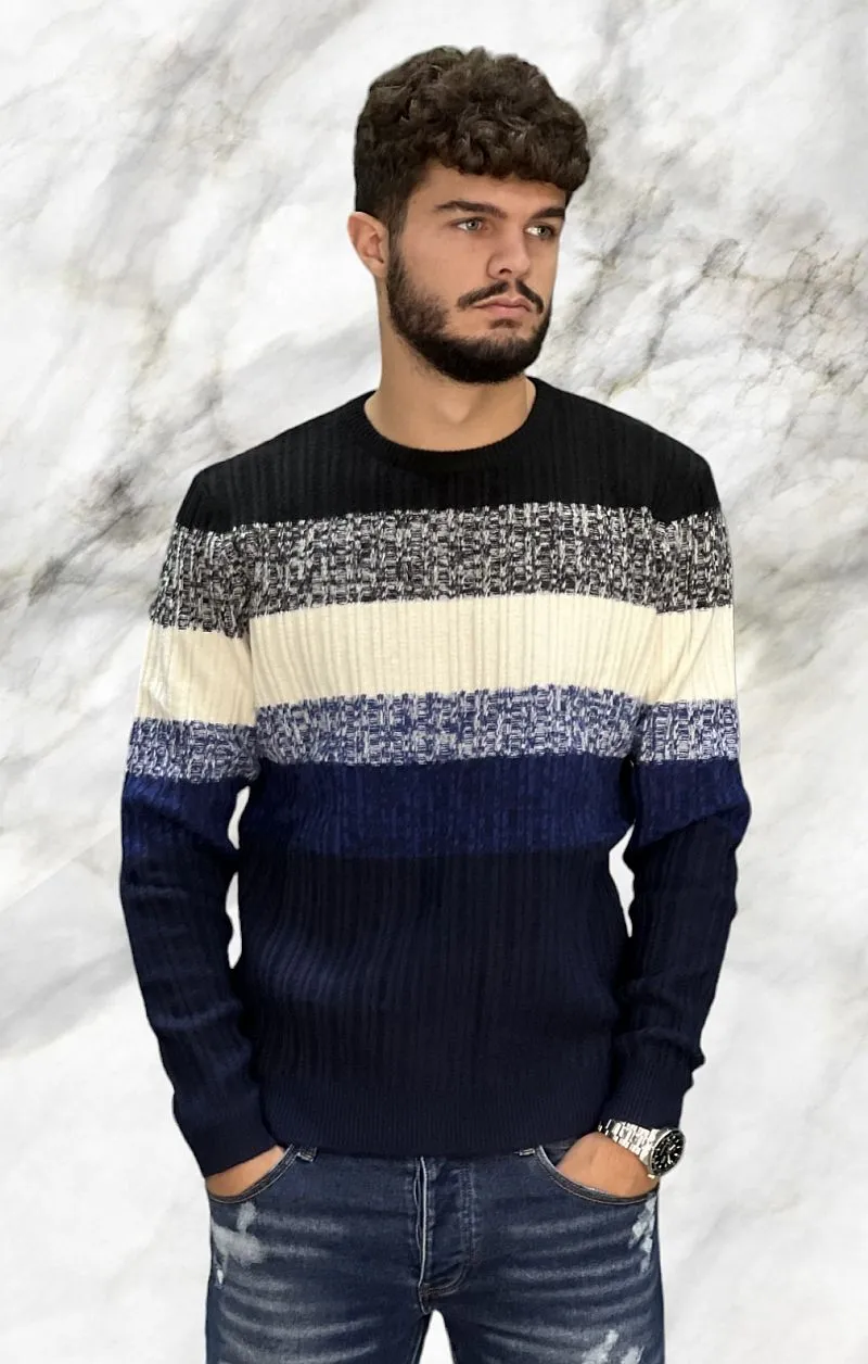 INMYHOOD Maglione Girocollo a Righe - Nero Blu e Bianco