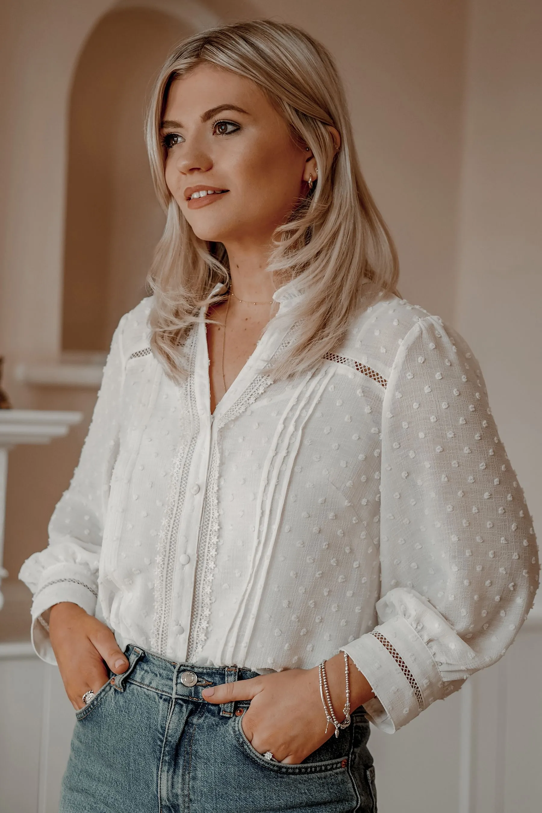 Love & Roses Dobby Polka Dot Lace Trim 3/4 Sleeve Button Through Blouse    