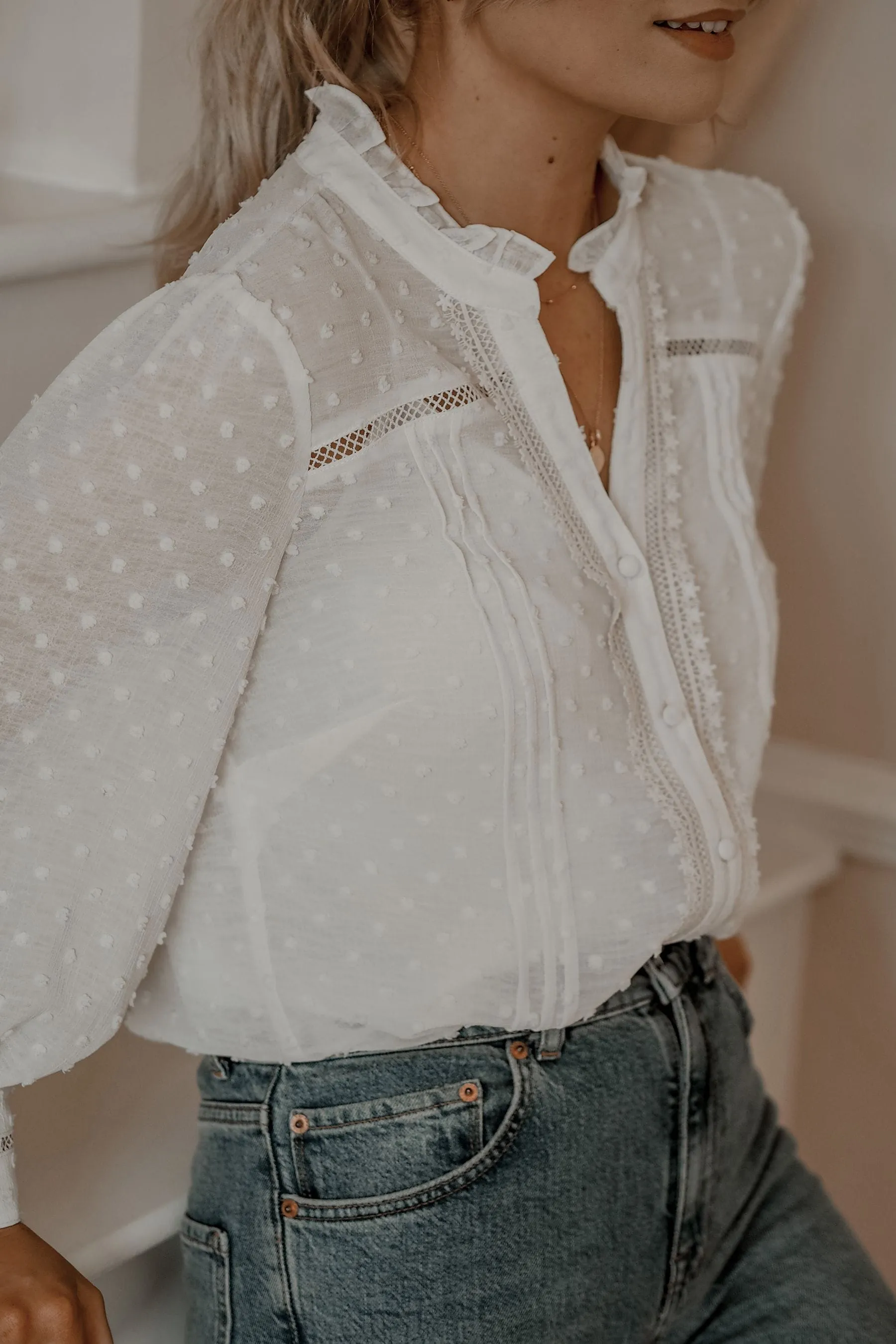 Love & Roses Dobby Polka Dot Lace Trim 3/4 Sleeve Button Through Blouse    