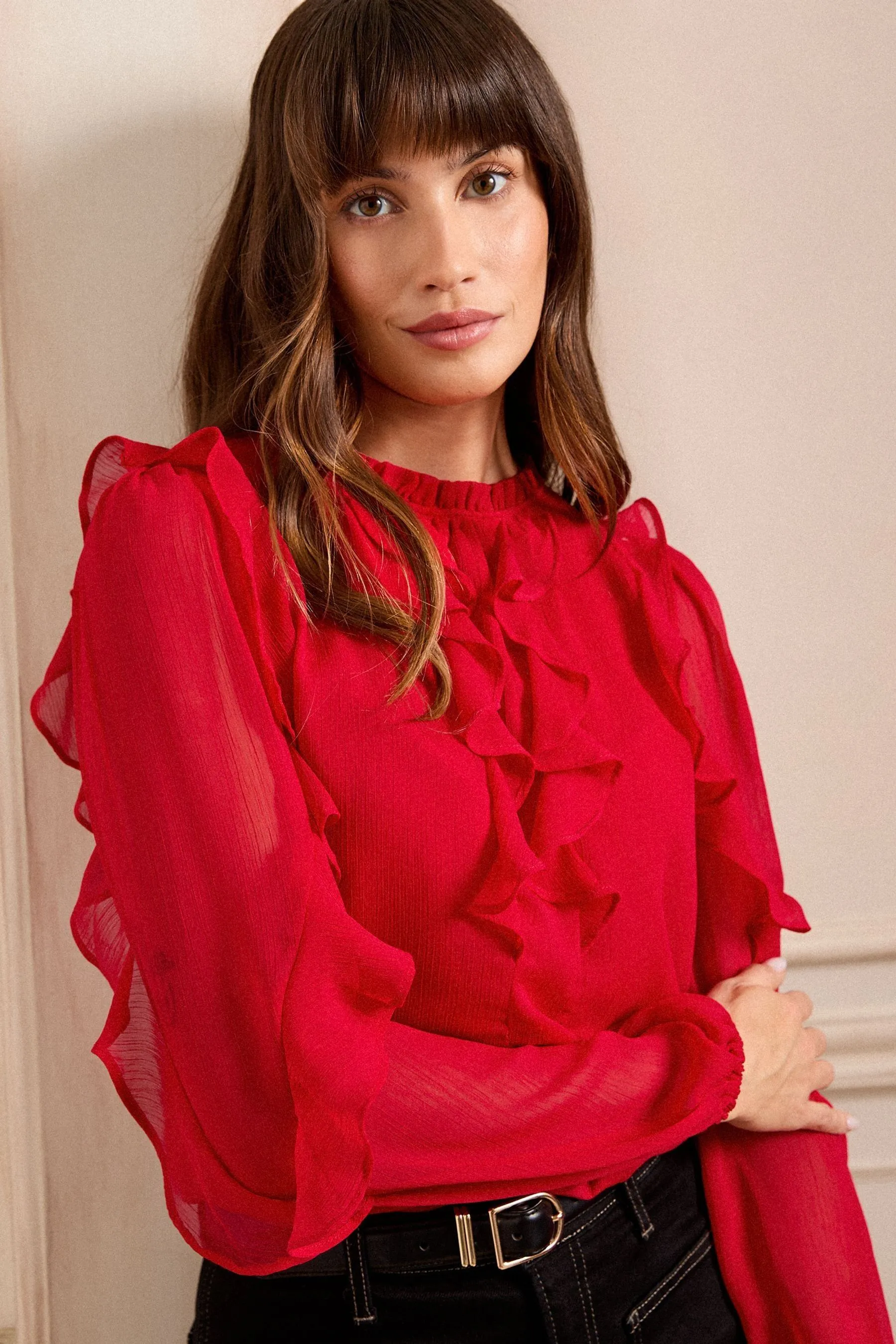 Love & Roses Ruffle Crew Neck Long Sleeve Blouse    