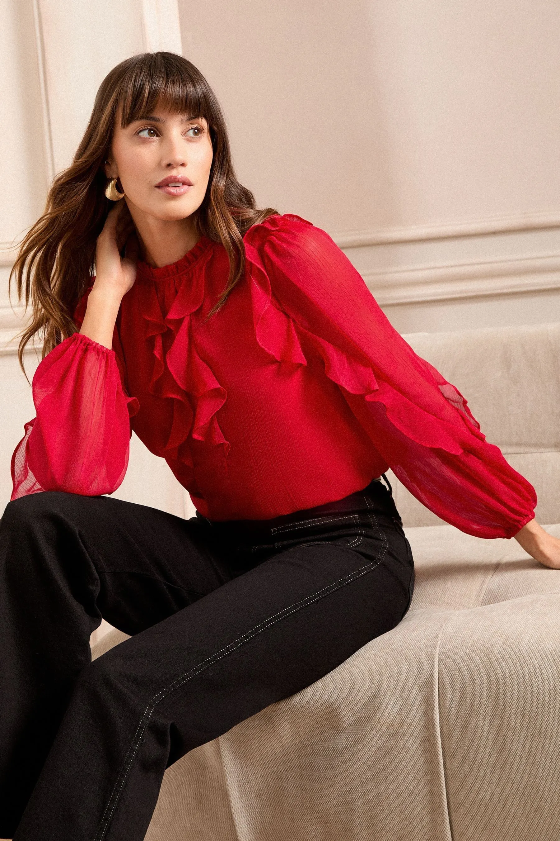 Love & Roses Ruffle Crew Neck Long Sleeve Blouse    