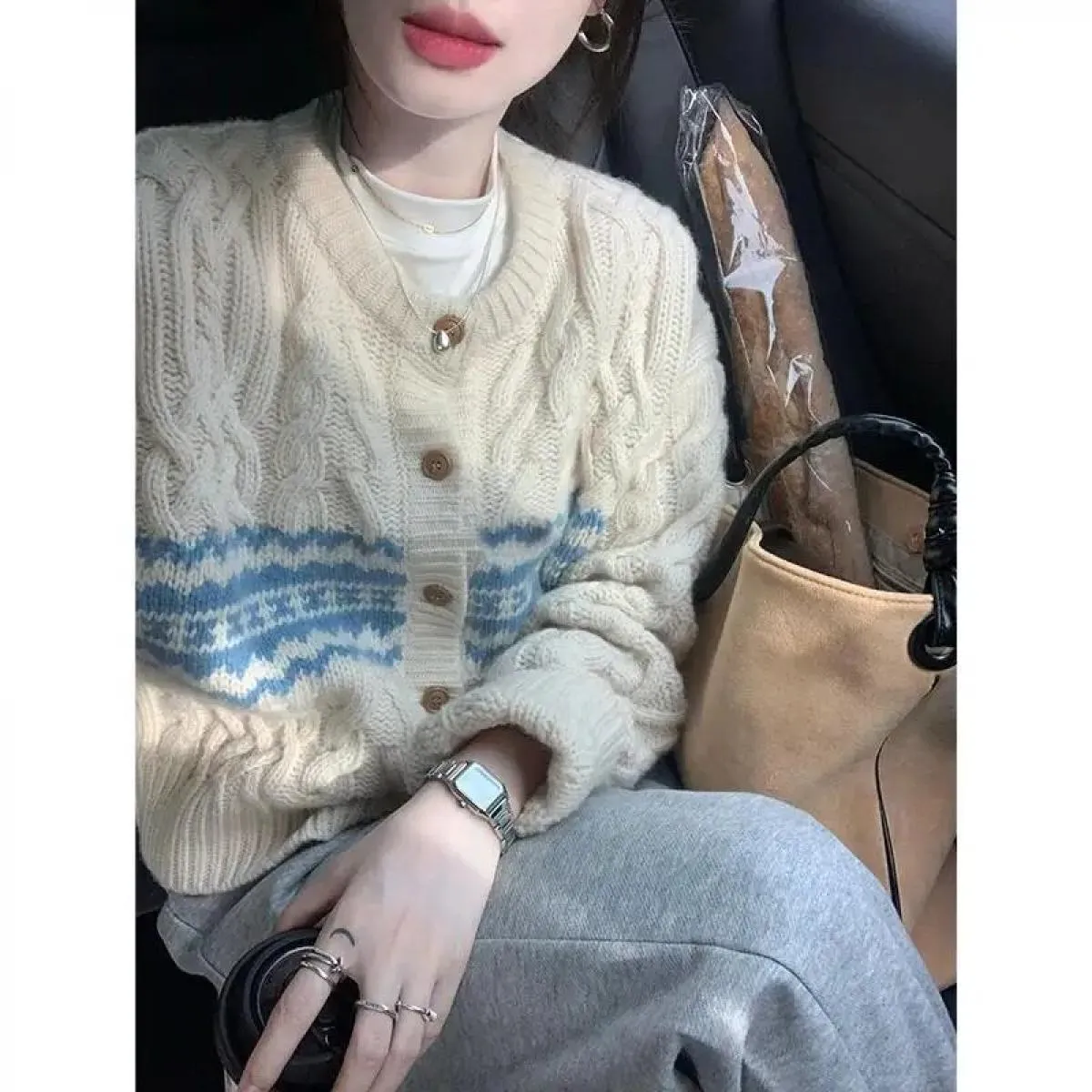 Maglione con scollo a V per ragazze dolci retrò da donna maglione lavorato a maglia classico cardigan a maniche lunghe da donna