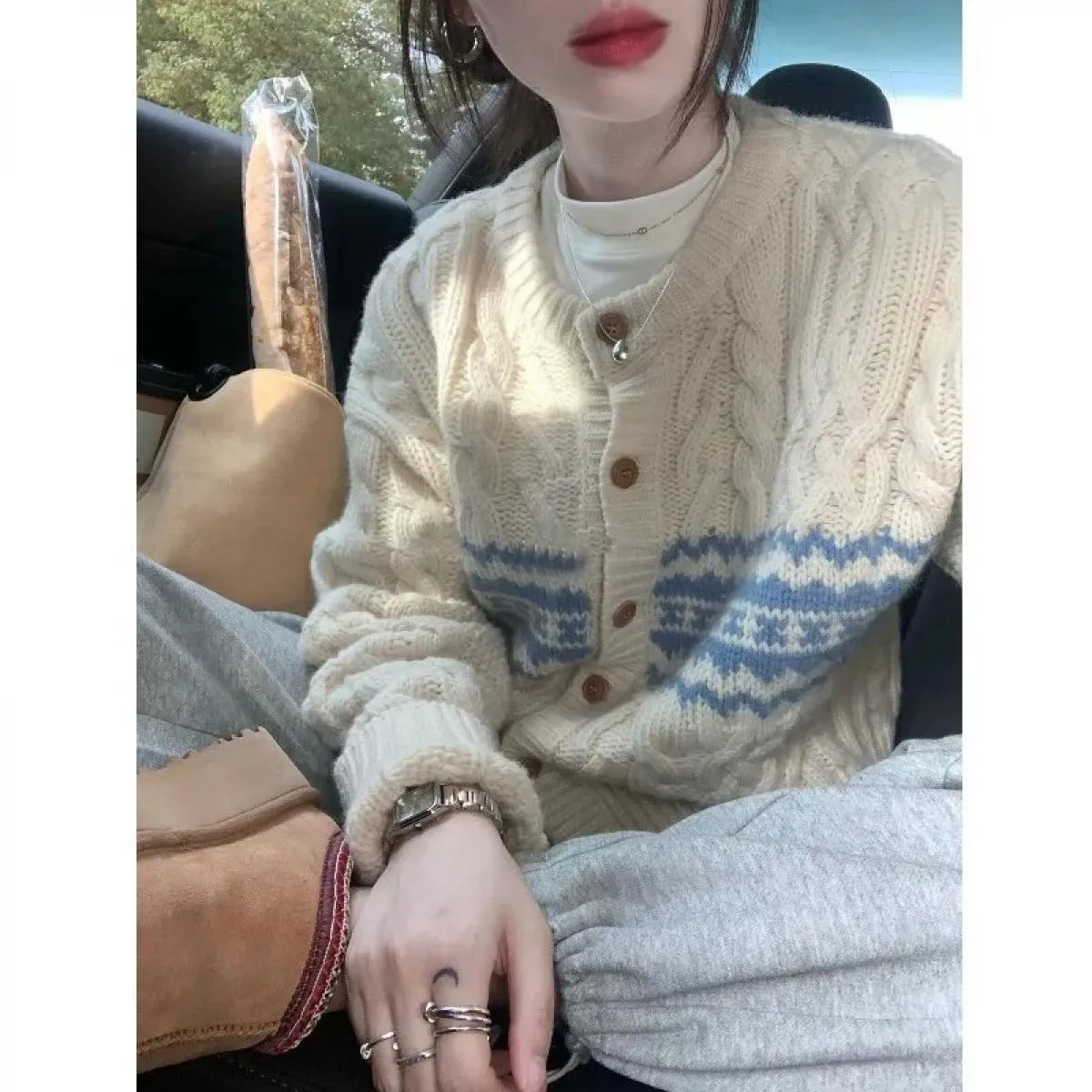 Maglione con scollo a V per ragazze dolci retrò da donna maglione lavorato a maglia classico cardigan a maniche lunghe da donna