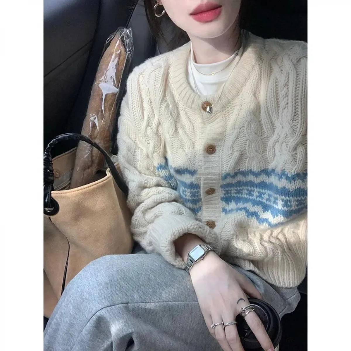 Maglione con scollo a V per ragazze dolci retrò da donna maglione lavorato a maglia classico cardigan a maniche lunghe da donna