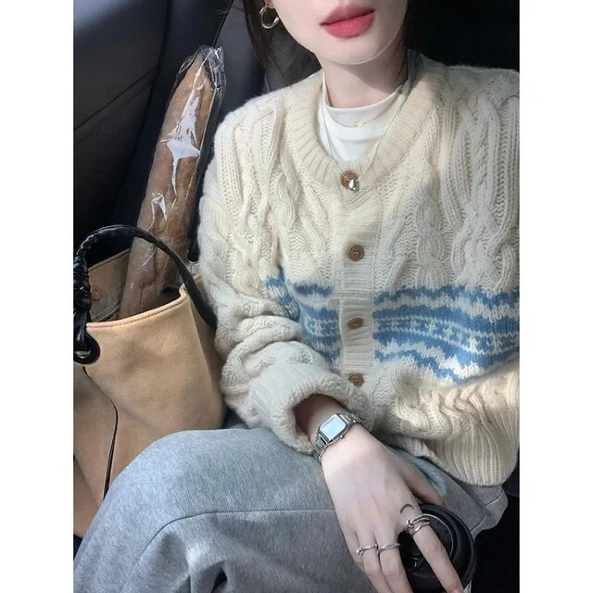 Maglione con scollo a V per ragazze dolci retrò da donna maglione lavorato a maglia classico cardigan a maniche lunghe da donna