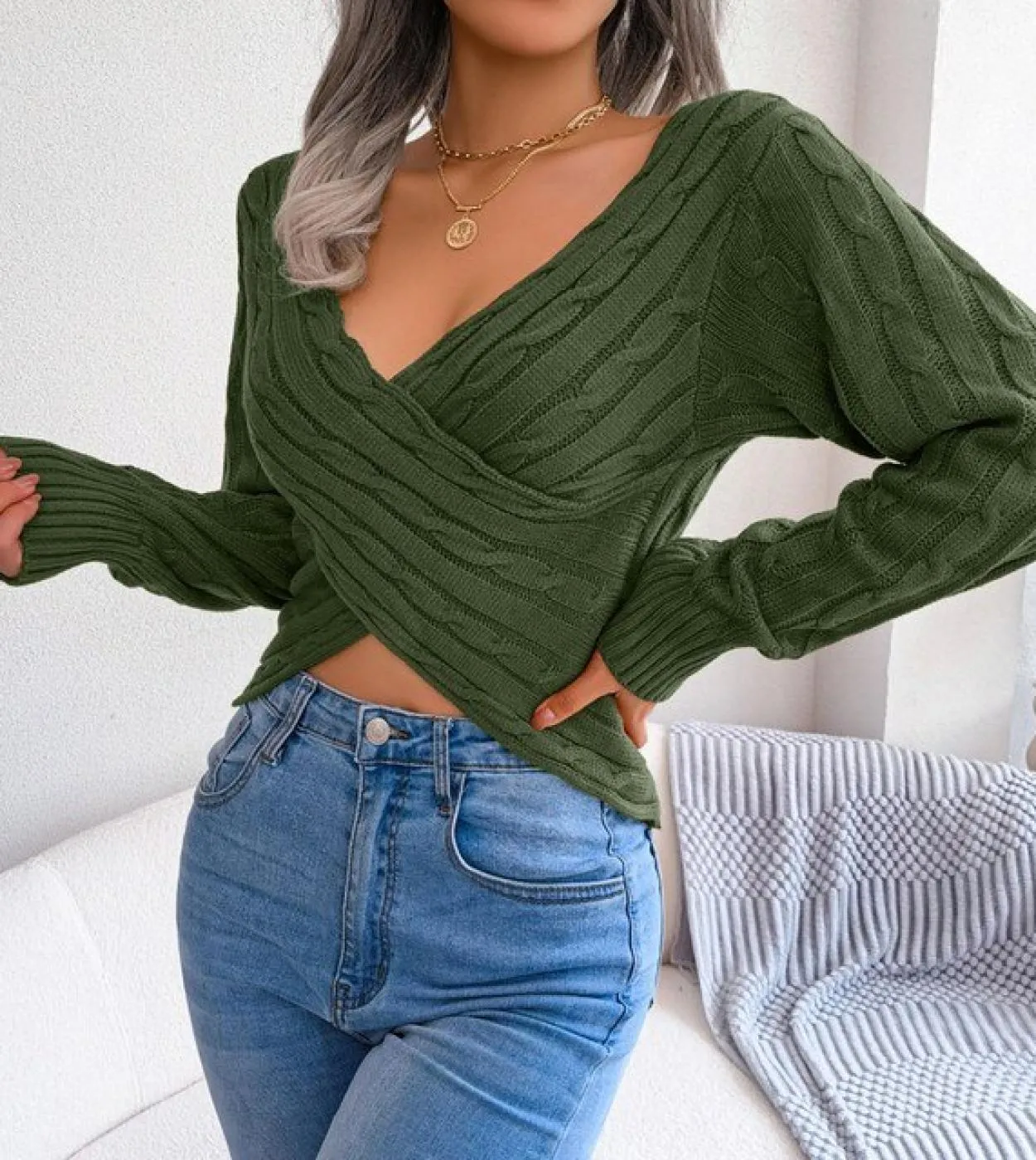 Maglione da donna con scollo a V incrociato Pullover a maniche lunghe con torsione a pasta fritta Maglione rivelatore Maglioni c