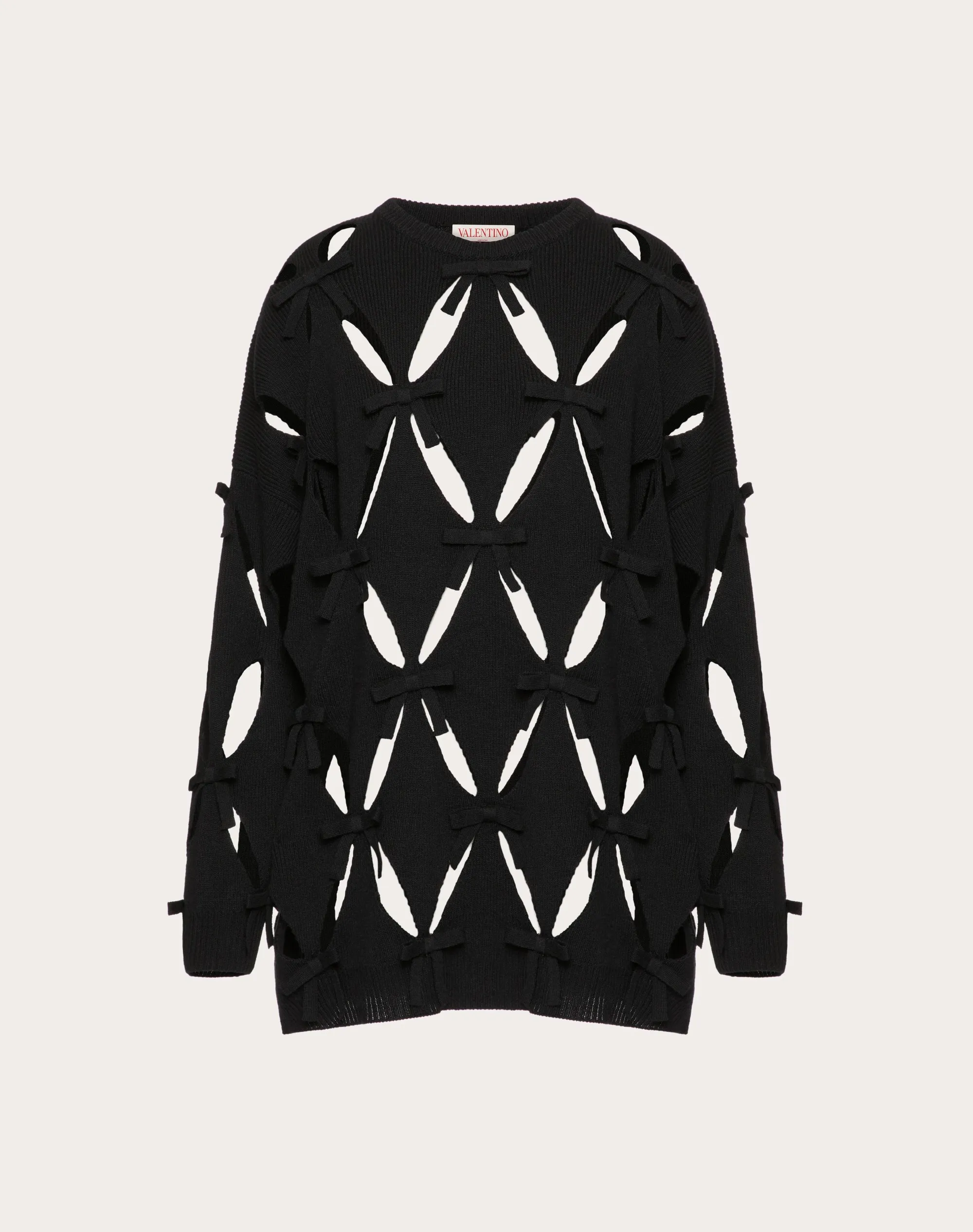 MAGLIONE IN LANA CON RICAMO ROMBI CUT-OUT E FIOCCHI