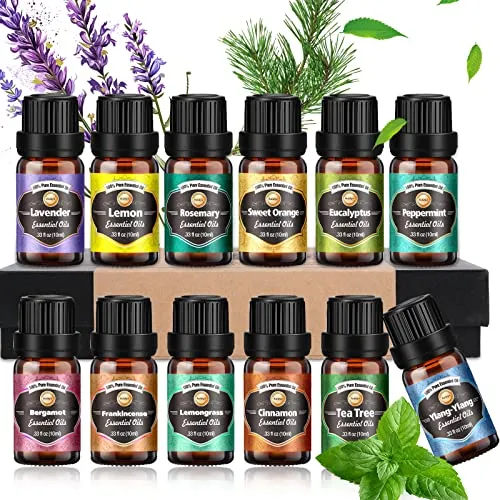 Oli Essenziali per Diffusori, Set di olio essenziale 12 x 10 ml, Essenze Naturali olio essenziale,Tea Tree Lavanda Rosmarino Euc