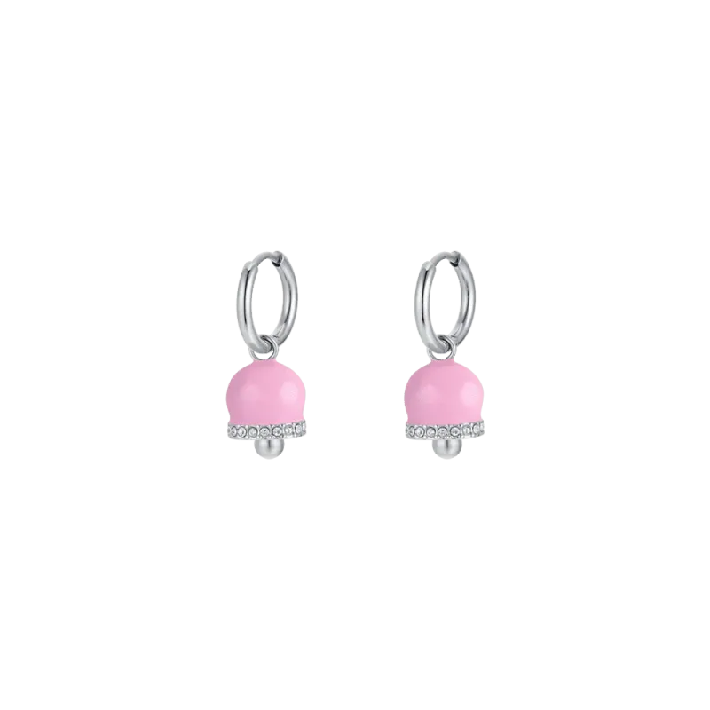 ORECCHINI DONNA IN ACCIAIO CON CAMPANELLE CON SMALTO ROSA E CRISTALLI BIANCHI