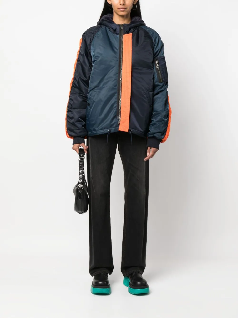 Piumino con cappuccio in blu e arancione - donna