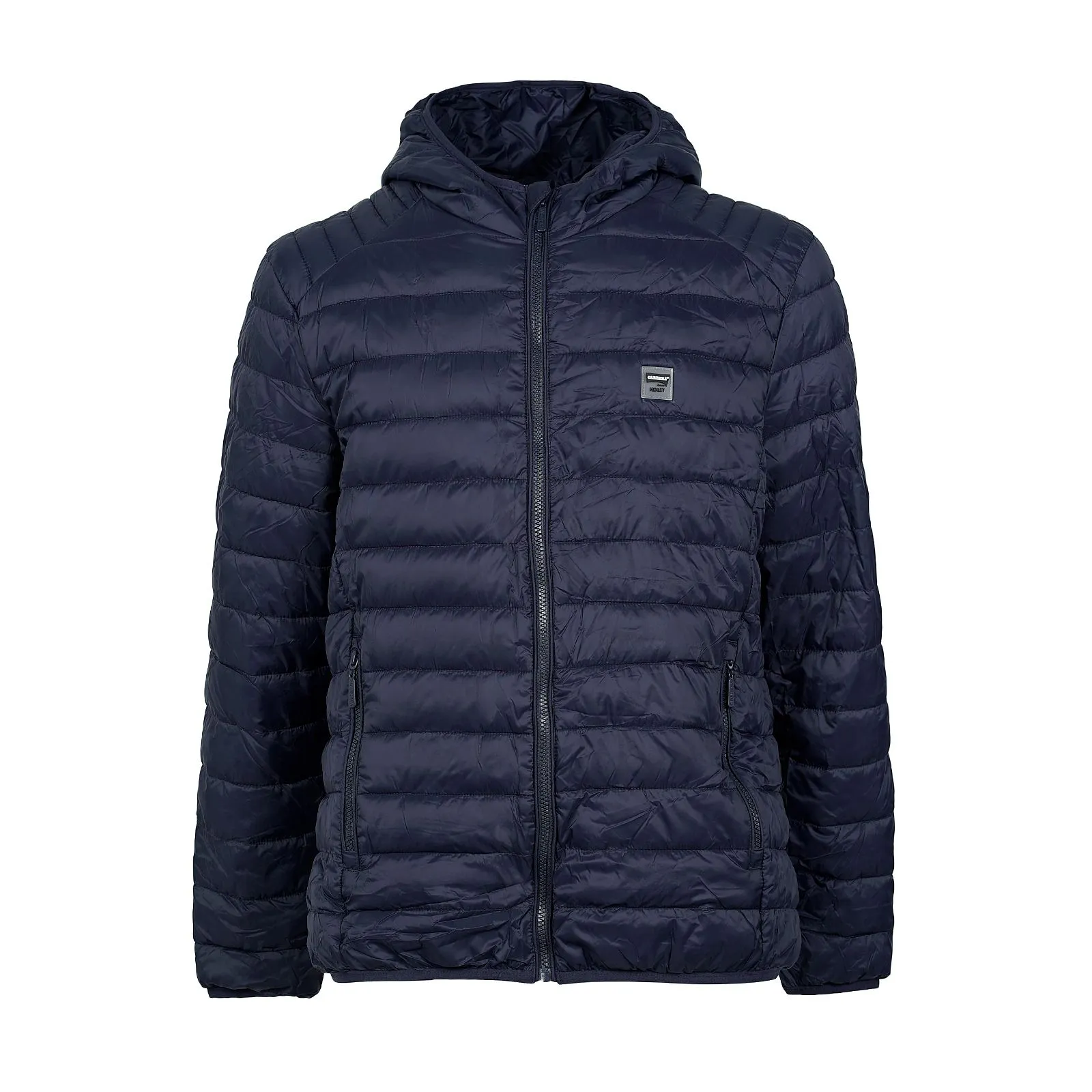 Piumino leggero blu scuro con tasche e cappuccio