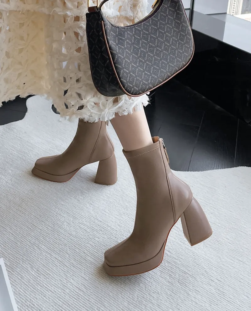 Punta quadrata, suola spessa, tacco spesso, stivali sottili elasticizzati, nuovo stile retrò, stivali corti con tacco alto rialz