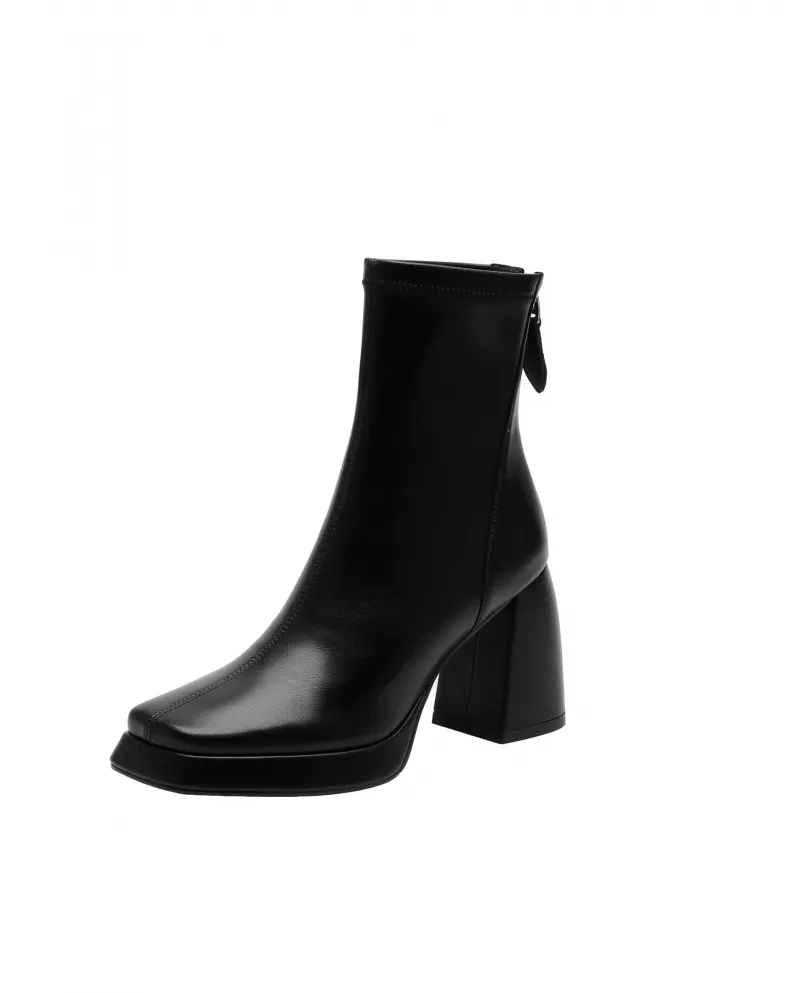 Punta quadrata, suola spessa, tacco spesso, stivali sottili elasticizzati, nuovo stile retrò, stivali corti con tacco alto rialz