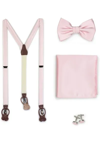Set: bretelle, papillon, sciarpa e gemelli rosa pastello