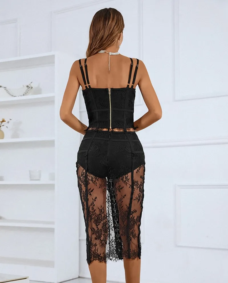 Set di due pezzi in pizzo autunnale con gonna a vita alta e gonna alla moda