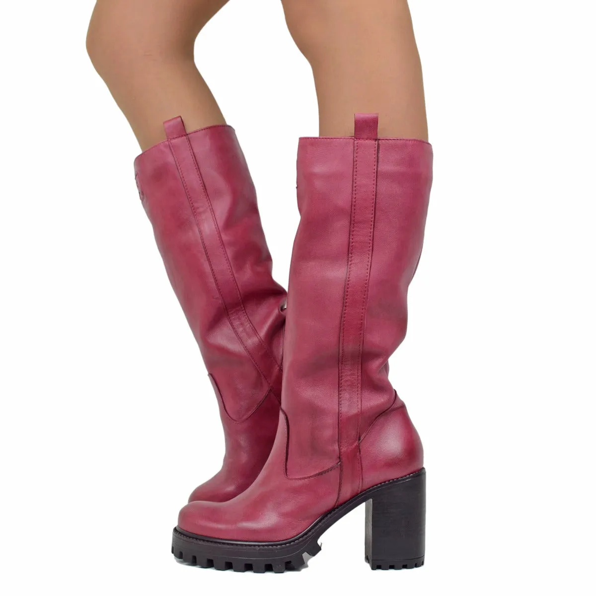 Stivali Biker in Pelle Rosso con Fondo Carrarmato Made in Italy