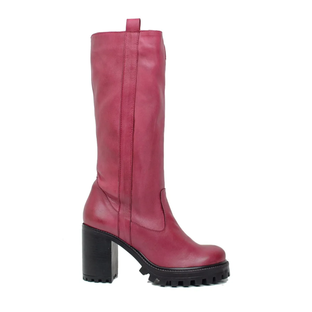 Stivali Biker in Pelle Rosso con Fondo Carrarmato Made in Italy