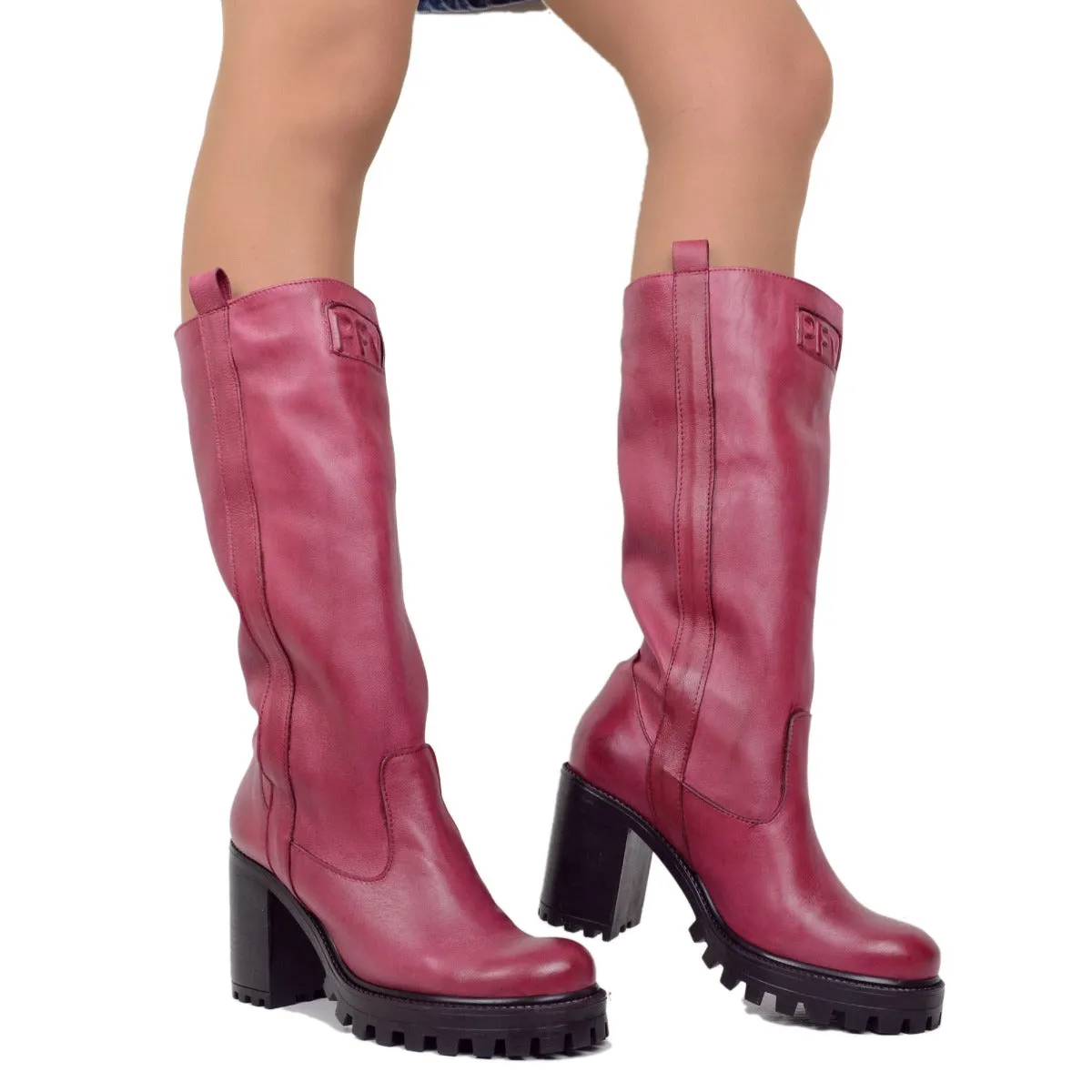 Stivali Biker in Pelle Rosso con Fondo Carrarmato Made in Italy