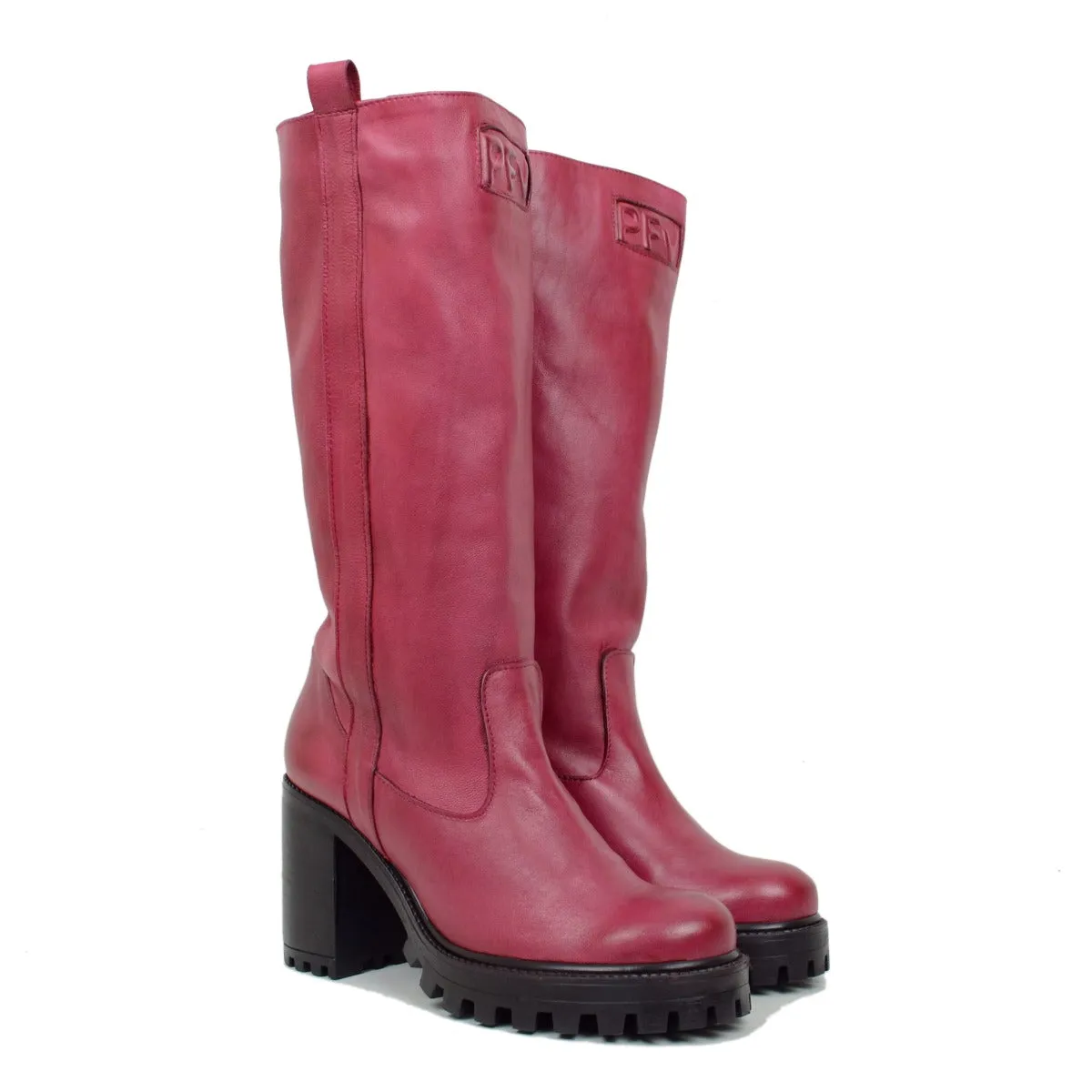 Stivali Biker in Pelle Rosso con Fondo Carrarmato Made in Italy