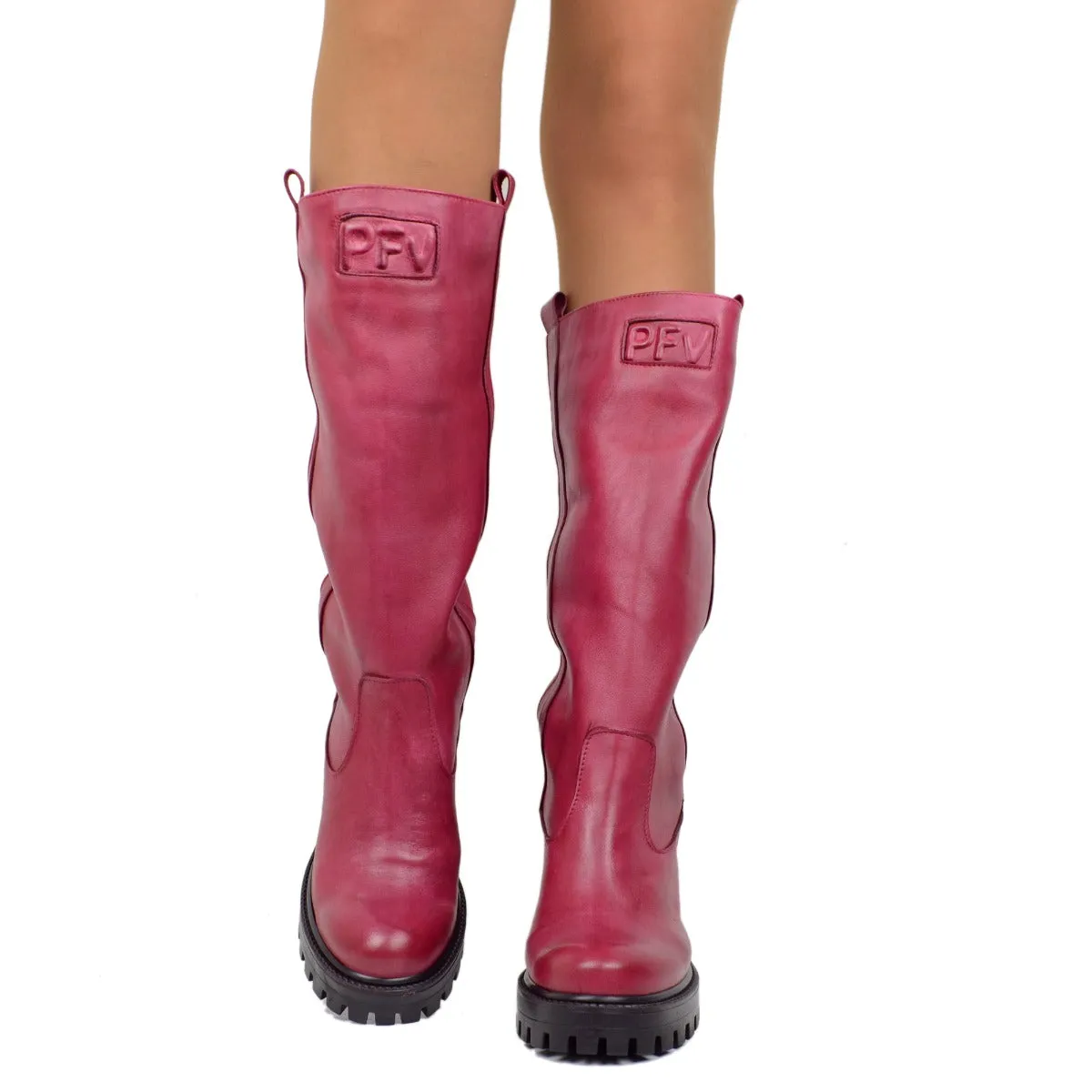 Stivali Biker in Pelle Rosso con Fondo Carrarmato Made in Italy