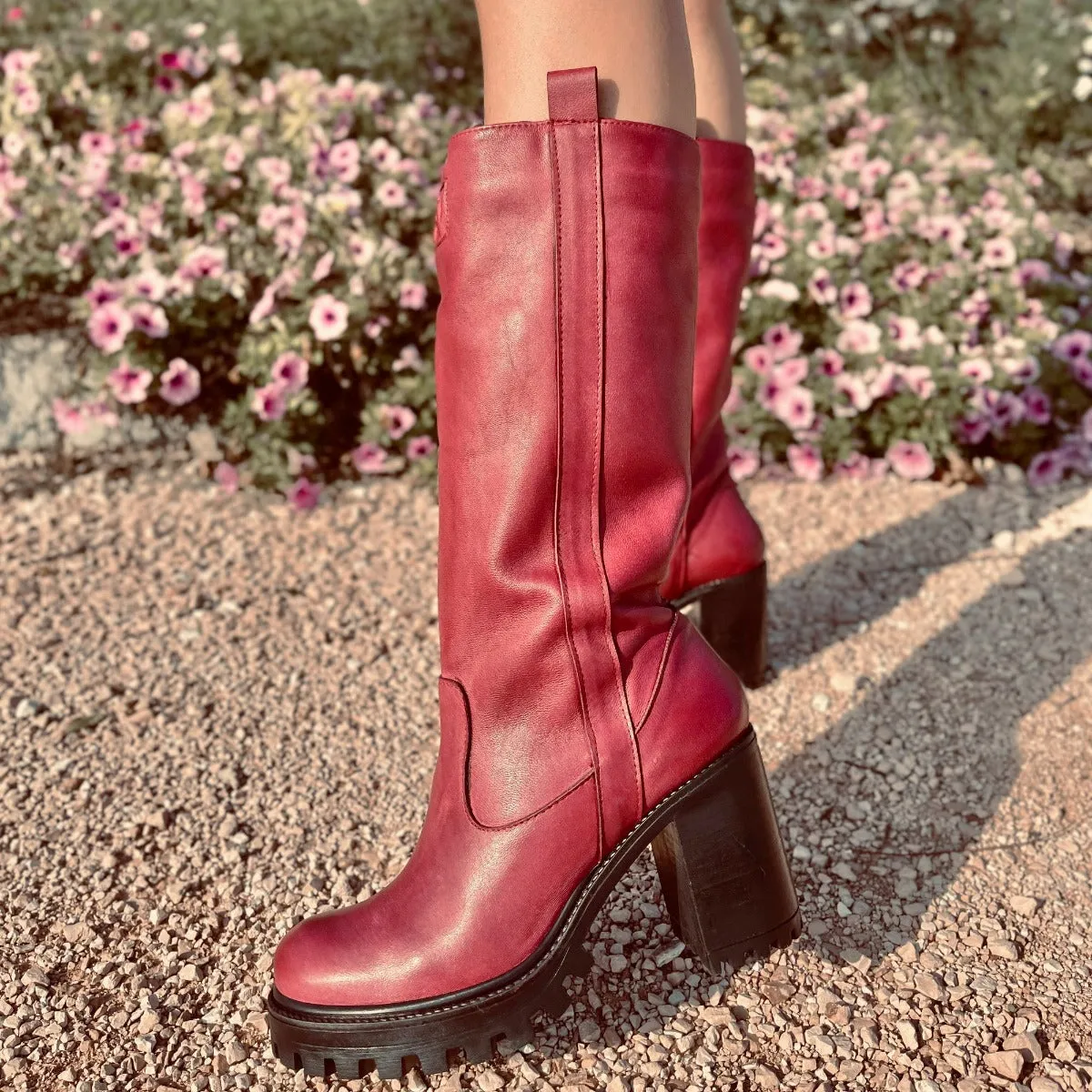 Stivali Biker in Pelle Rosso con Fondo Carrarmato Made in Italy