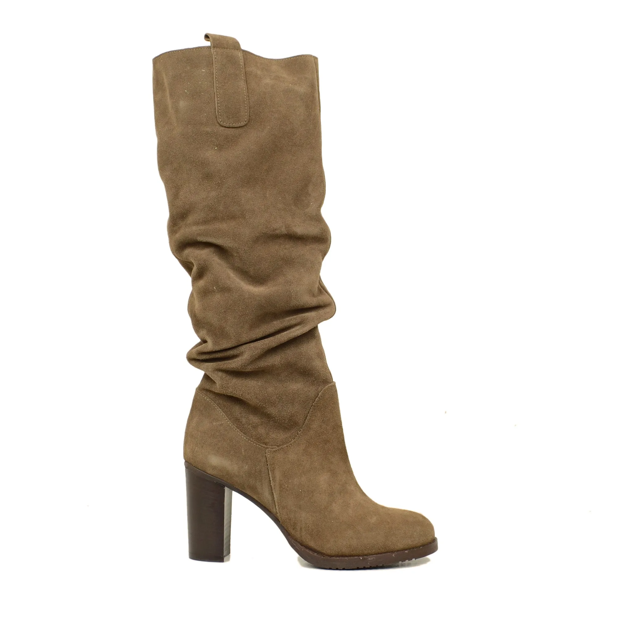 Stivali Donna Alti Taupe in Pelle Scamosciata con Tacco Alto