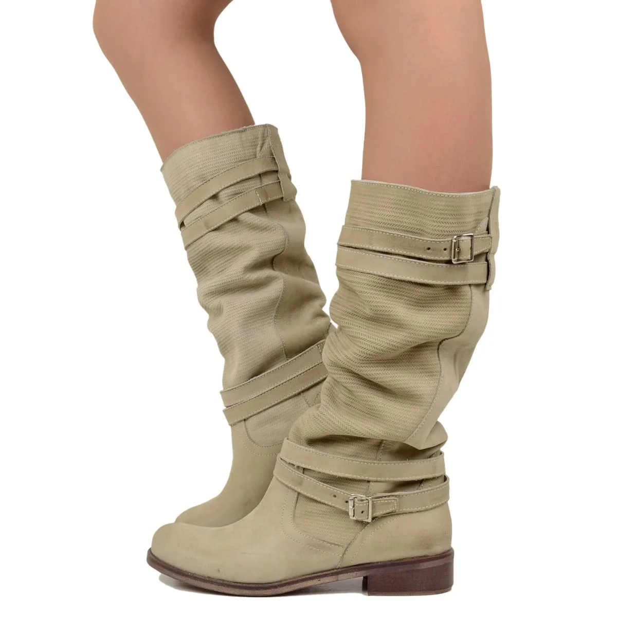 Stivali Donna Biker Estivi in Pelle Nabuk Zigrinati Taupe