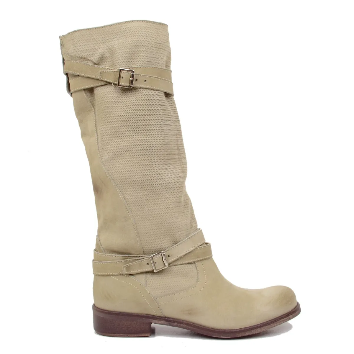 Stivali Donna Biker Estivi in Pelle Nabuk Zigrinati Taupe