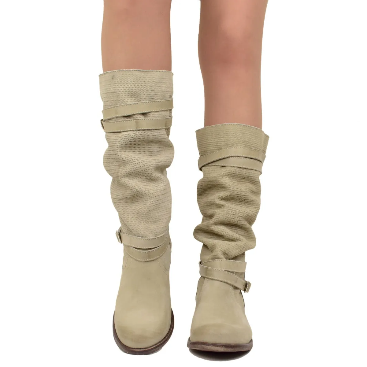Stivali Donna Biker Estivi in Pelle Nabuk Zigrinati Taupe